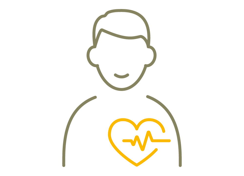 Vereinfachte grafische Darstellung eines Mannes und seines Herzens. Der Herzschlag wird durch eine Herz-Rhythmus-Linie symbolisiert.