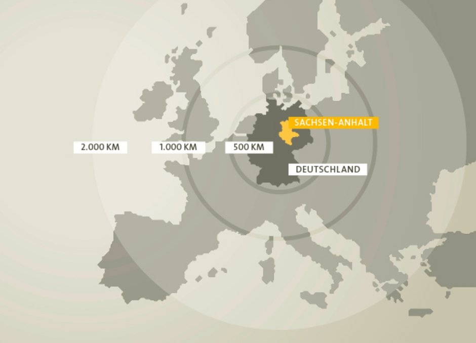 Europäische Landkarte, die Flächen von Deutschland und Sachsen-Anhalt sind farbig hervorgehoben.