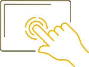 Vereinfachte grafische Darstellung einer Hand, die mit ausgestrecktem Zeigefinger auf ein Touch-Display tippt