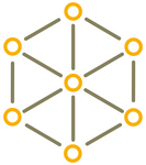 Sechs kreisförmig angeordnete gelbe Kreise sowie ein siebter in der Mitte liegender Kreis sind durch Linien miteinander verbunden und ergeben ein Netzwerk.