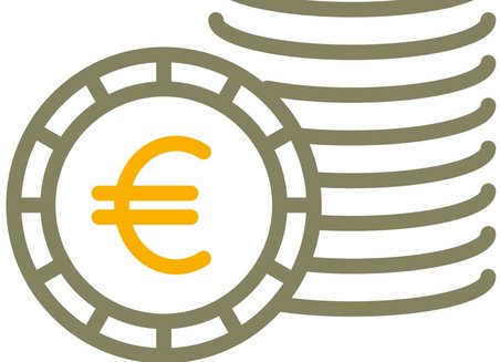 Vereinfachte grafische Darstellung eines Münzstapels. Eine Münze steht aufrecht davor, auf ihr ist ein Euro-Zeichen zu sehen.