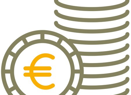 Einfache grafische Darstellung eines Stapels Münzen. Davor steht eine Münze mit Euro-Symbol aufrecht.