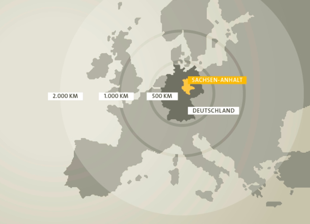 Europäische Landkarte, die Flächen von Deutschland und Sachsen-Anhalt sind farbig hervorgehoben.